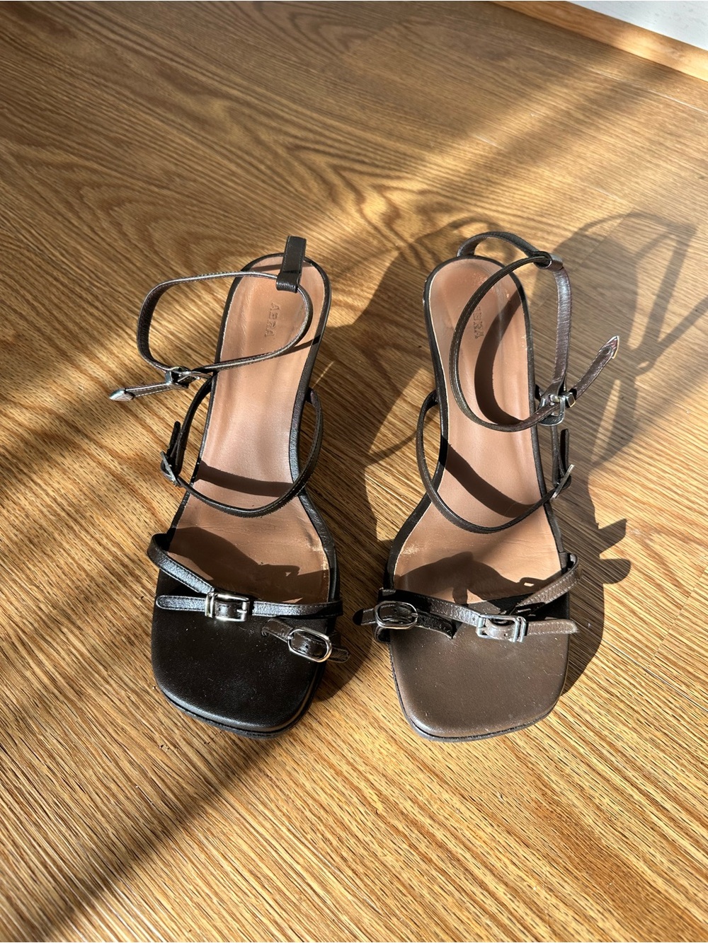 Women's ABRA Brown Strappy Square-Toe Heeled Sandals with Buckle Detail